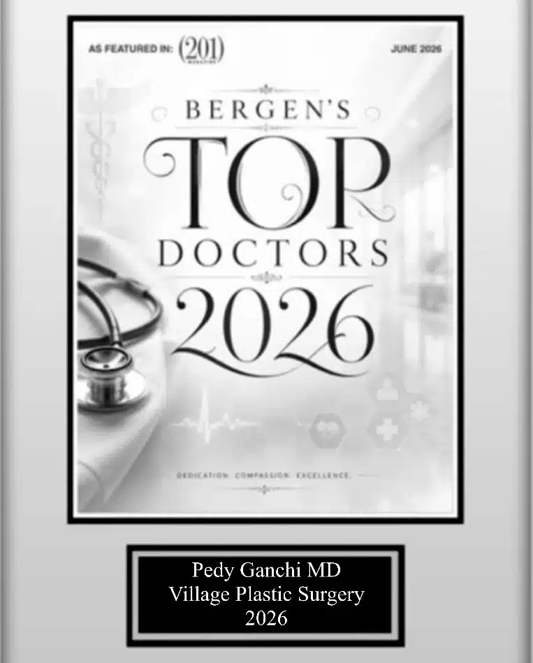 Bergen Top Doctors 2026 award plaque for Dr. Pedy Ganchi at Village Plastic Surgery.